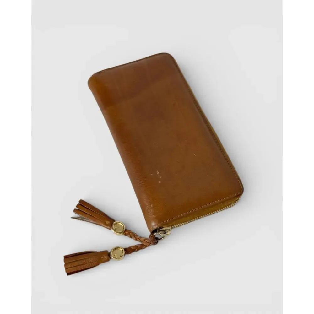 Gucci Brown Leather Tassel Gold GG Zip Around Wallet